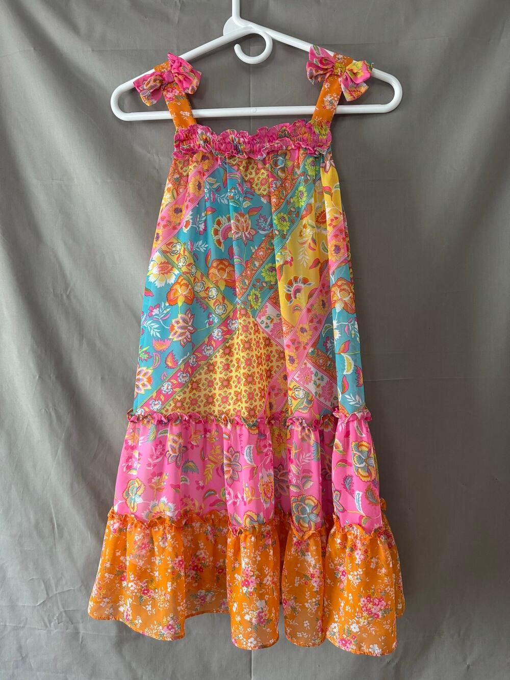 Jona Michele Girls Colorful Floral Tiered Sundress w/Ruffle Bow Straps, Size 10